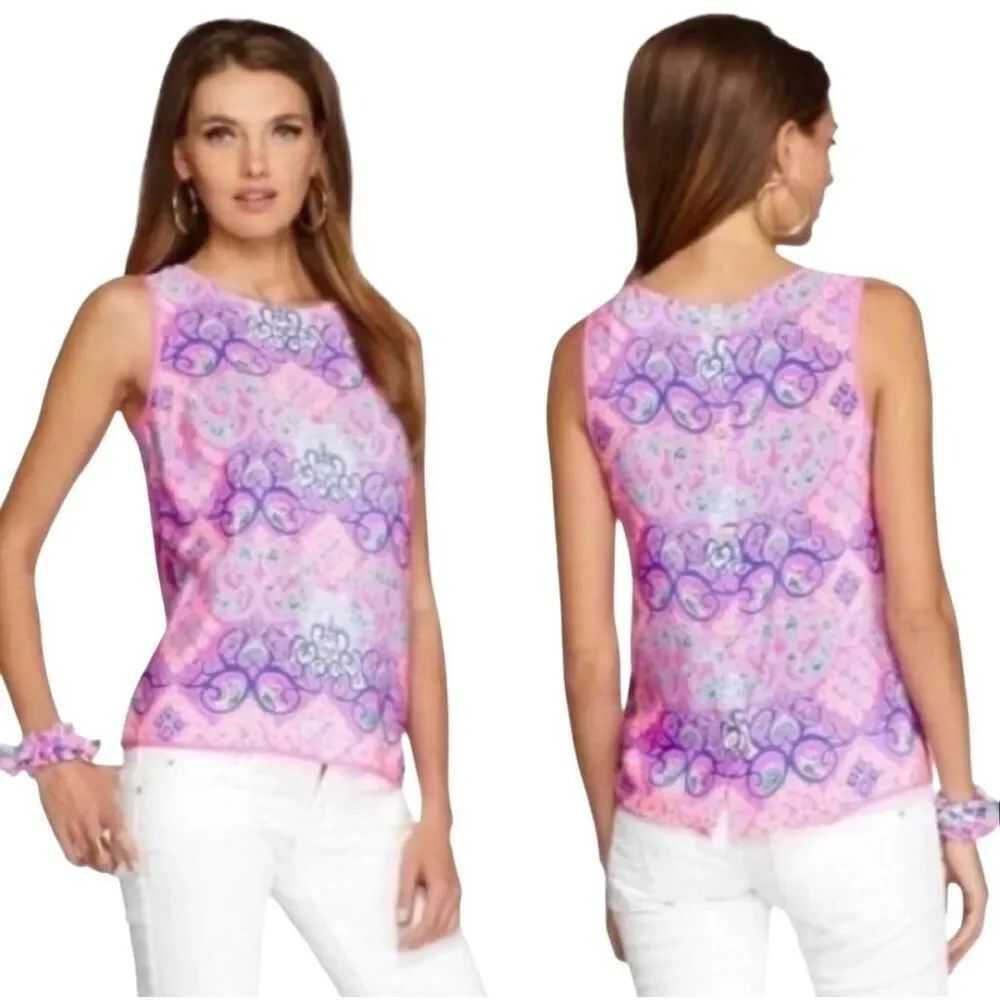 Lilly Pulitzer Iona Shell silk sleeveless top size M in “behind the gates” print